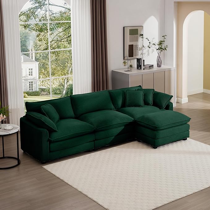 KEIKI 115" L-Shaped Oversized Corduroy Modular Sectional Sofa with 1 Ottoman, High-Density Foam Cushions, Removable Armrests, Upholstered 3-Seater Corner Couch with 5 Pillow, for Living Room, Green