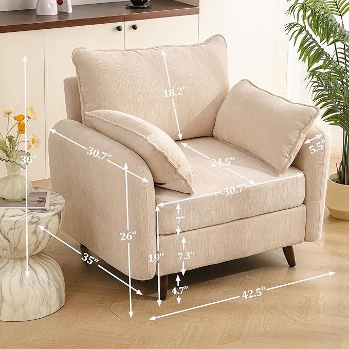 Rexulqo Oversized Accent Chair Set of 2,All Seats Storage,Comfy Armchair,24.5'' Deep Seat,Upholstered Living Room Chairs,Reading Chair for Bedroom,Office,Chenille,Cream