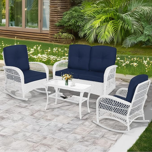 MEETWARM 4 Pieces Outdoor Wicker Patio Conversation Sets with Glider Loveseat, 2 Chairs with Coffee Table Wicker Rocking Chair Set, Patio Furniture Set with Thickened Cushions, White/Navy