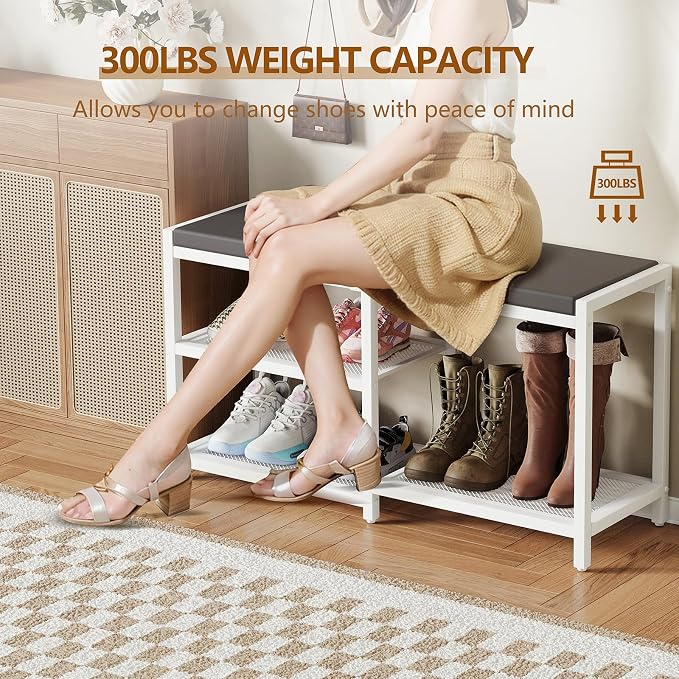 ZHOOGE Shoe Bench & Rack Storage Bench with Seat Cushion, Stable Entryway Bench Holds Up to 300 lb, (35" L x 12" W x 17" H, White) - Image 3