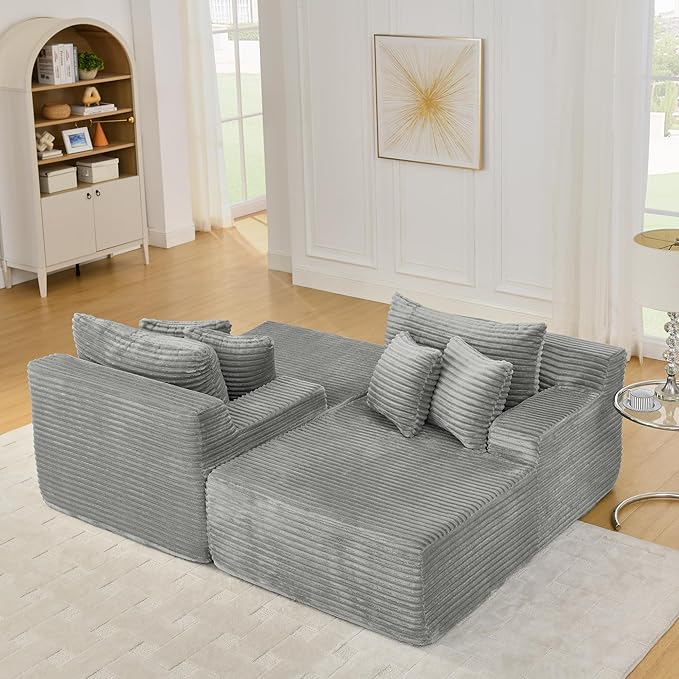 Fluffy Corduroy Double Chaise Lounge Daybed 83-Inch Oversized Loveseat Sleeper Sofa Bed,Boneless Love Seat Recliner Sleeper Couch Full Foam Floor Cloud Sofa Chaise W/6 Pillows for Living Room Bedroom