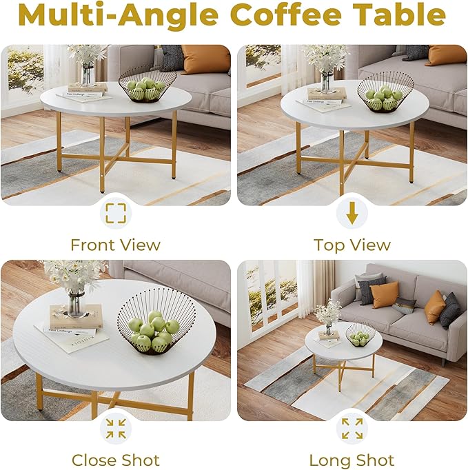 Coffee Table, 23.6" Coffee Tables for Living Room, Round Coffee Table with Metal Frame, Floor Table for Sitting on The Floor, Home, Office, White & Gold Legs