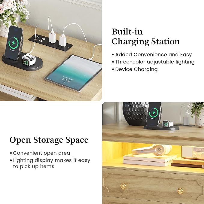 FREDEES 28'' Large Nightstands Set of 2, Smart Bedside Tables with Outlet & Charger Station, LED Night Stand with 3-Color Light & Solid Wood Legs for Bedroom, Natural Wood - Image 8