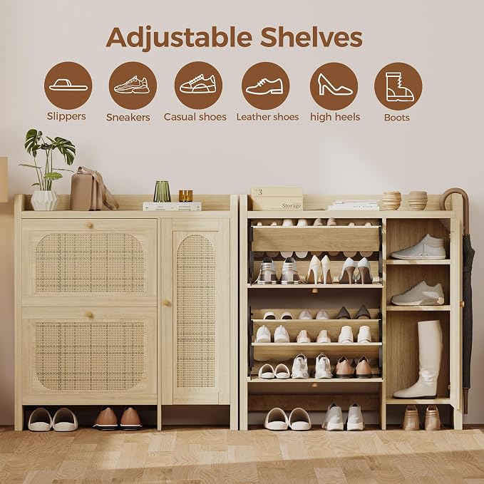 Mericonia Shoe Cabinet Storage for Entryway with 2 Flip Drawers(3-Tier), Rattan Freestanding with Door & 3 Adjustable Shelve,Hidden Shoe Rack Organizer for Hallway, Foyer - Image 8