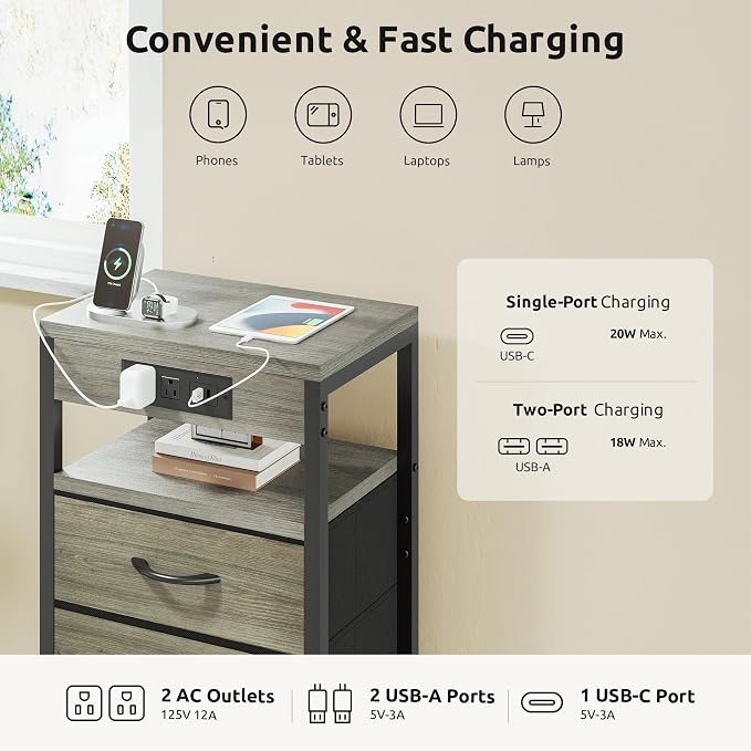 Lazzanto NightStand Bedside Charging Table Bedroom - Night Stand with Charger Station, Modern Nightstand with Open Shelf & 3 Fabric Drawers, End Table with USB-C USB Ports & AC Outlets for Dorm, Grey - Image 4