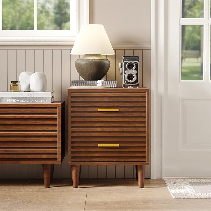 Alohappy Nightstand, Mid Century Modern Night Stands, Fluted Bedside Table for Bedroom, End Table with Storage Drawers, Vintage Bed Side Table Wood Accent Table for Living Room, Brown 1pc - Image 4