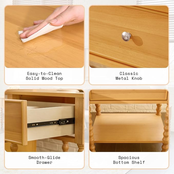 AMERLIFE 24" Wood Nightstand, Vintage Bedside Table for Bedroom, Solid Wood Night Stand with Turned Legs, End Table with Drawer & Open Shelf, Large/Tall Nightstand, Natural Finish - Image 5