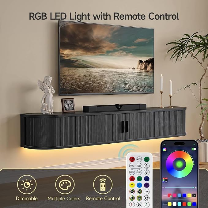 63" Floating TV Stand with Power Outlet for TVs up to 75", Fluted Entertainment Center with Remote Control for LED Lights, Mid-Century Modern TV Console w/Sliding Door for Living Room, Bedroom Black - Image 8