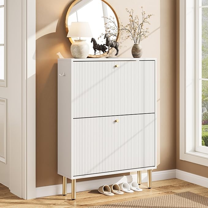 Nicetree Shoe Storage Cabinet for Entryway - 2 Flip Drawers Shoe Cabinet with Tiered Fluted Design - Slim Shoe Storage Rack with Gold Legs - Narrow Shoe Cabinet Hidden Shoe Organizer for Small Spaces by Nicetree