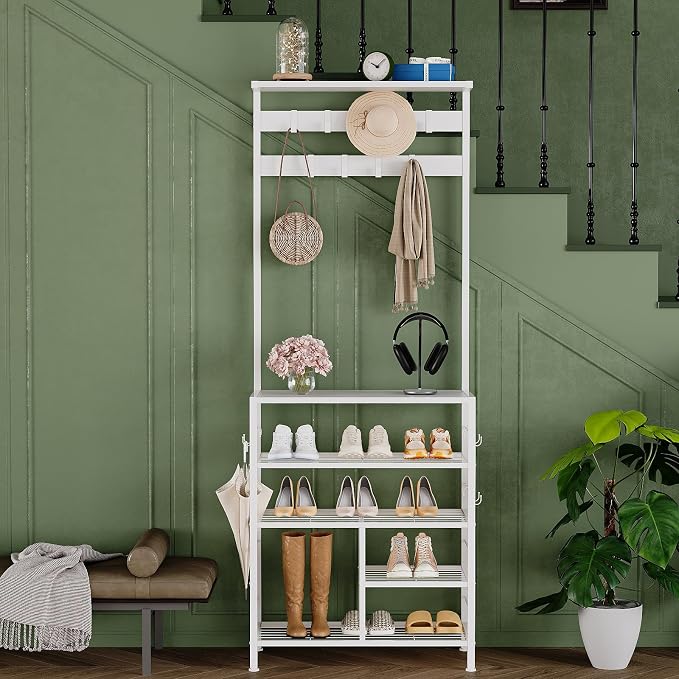 GiftGo Modern White Large 5-Tier Hall Tree Entryway Wooden Shoes Rack Shelf Coat Rack with Movable 9 Metal Hooks Storage Organizer for Home Office Bedroom Mudroom Living Room - Image 4