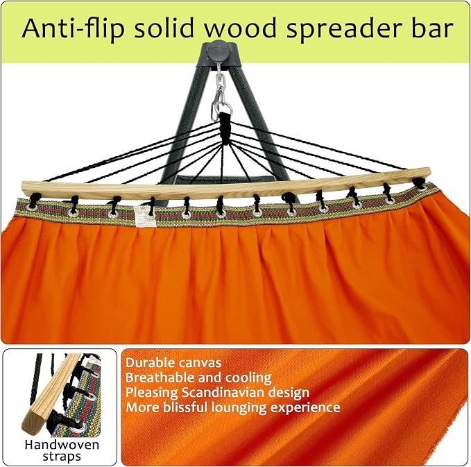 Tranquillo Sturdy Steel Hammock with Stand Premium Cotton Canvas Hammock, 600 lbs Capacity Hammock Stand Folding, Portable 30-Second Fold Unfold Hammock for Camping, Orange - Image 4