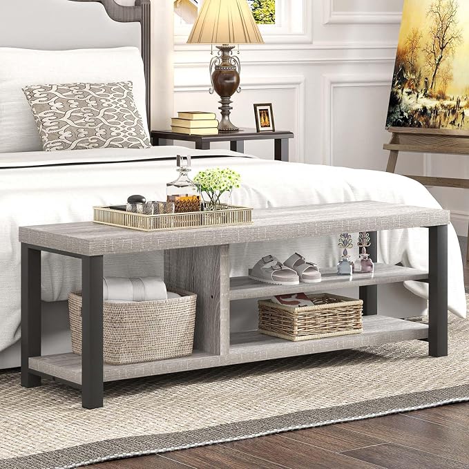 FOLUBAN Shoe Storage Bench, Rustic Wood Entryway Bench for Hallway Entrance, Vintage Indoor Bench with Shoe Storage and Seating for Bedroom Living Room, Light Grey, 47 Inch - Image 4