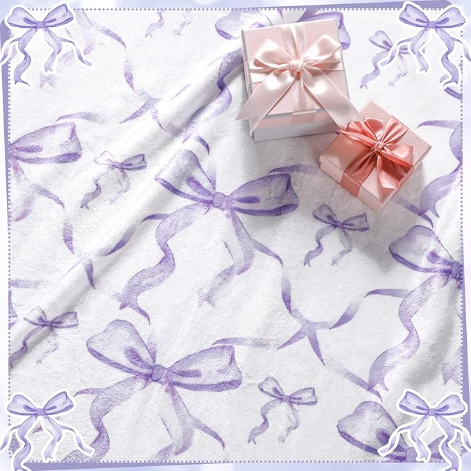 Buryeah Purple Bow Throw Blanket Valentine's Day Galentines Day Gifts Preppy Blanket Coquette 50 X60 Flannel Soft Cute Bow Lightweight Aesthetic Room Decor for Women Friends for Sofa Couch Travel Bed