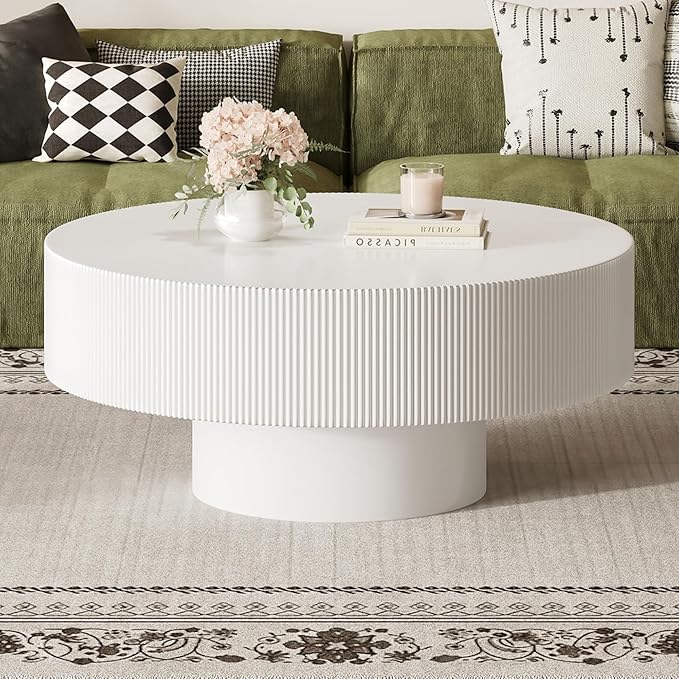 Merax Modern 35.4 Inch Round Large Coffee Table with Sturdy Base, Wood Center Table with 6.8" Thick Tabletop for Living Room Reception Room, Easy Assemble, White
