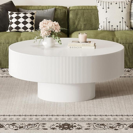 Merax Modern 35.4 Inch Round Large Coffee Table with Sturdy Base, Wood Center Table with 6.8" Thick Tabletop for Living Room Reception Room, Easy Assemble, White