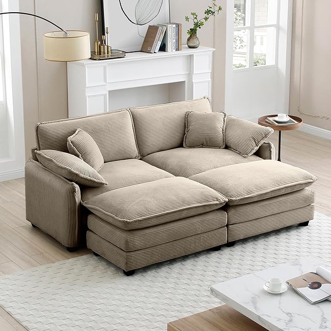 KEIKI 81" Oversized Corduroy Modular Sectional Loveseat Sofa with 2 Ottoman, High-Density Foam Cushions, Removable Armrests, Upholstered 2-Seater Corner Couch with 4 Pillow, for Living Room, Tan