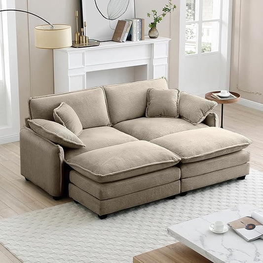 KEIKI 81" Oversized Corduroy Modular Sectional Loveseat Sofa with 2 Ottoman, High-Density Foam Cushions, Removable Armrests, Upholstered 2-Seater Corner Couch with 4 Pillow, for Living Room, Tan