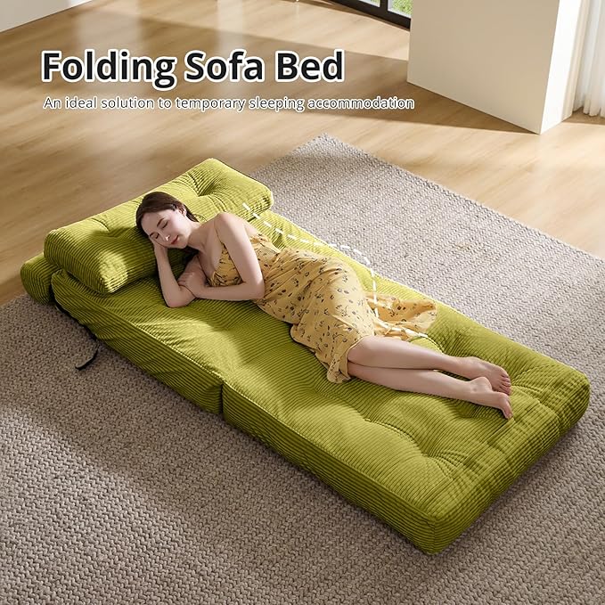 Folding Sofa Bed, Convertible Sleeper Chair with Pillow, Foldable Mattress with Back Support, Portable Floor Sofa Lounge for Living Room Bedroom Dorm(Green, Single)