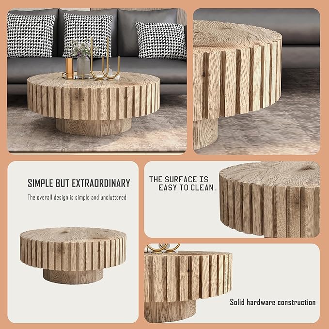 Round Coffee Table, 31.5" Circle Wood Center Table with Pedestal, Wood Coffee Tables for Living Room, Small Space, Office, Apartment, Easy Assembly, Wooden Color