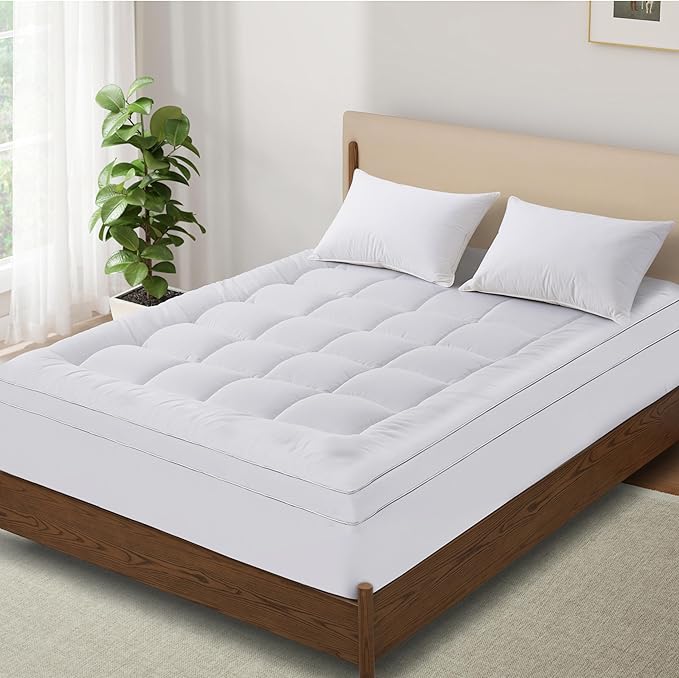 2~3In Mattress Topper King Size Breathable Filled Soft Fluffy Supportive for Back Pain Relief, Bed Mattress Pad Pillow Topper with Extra Thick Padded Protector for 8"-21" Deep Pocket