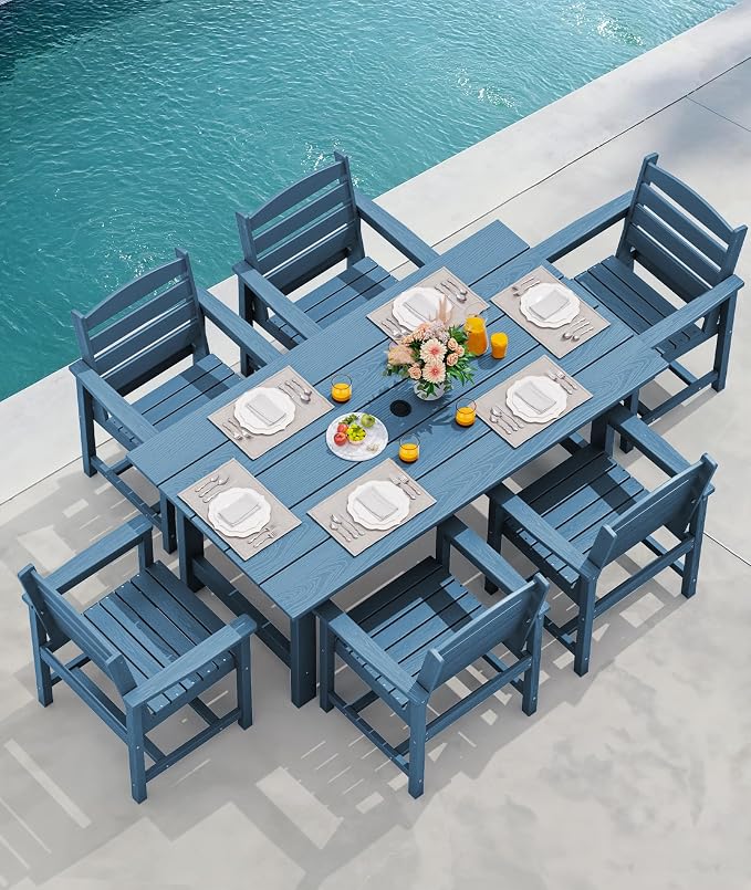 SERWALL Patio Dining Table and Bench Set for 6, Blue - Image 8