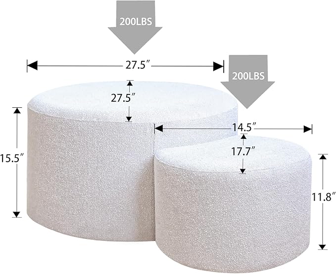 kevinplus Upholstered Round Nesting Coffee Tables Set of 2 for Living Room, Modern Contemporary Round Coffee Table Side Table End Table Ottoman, No Assembly, Yarn Dyed Fabric, Beige