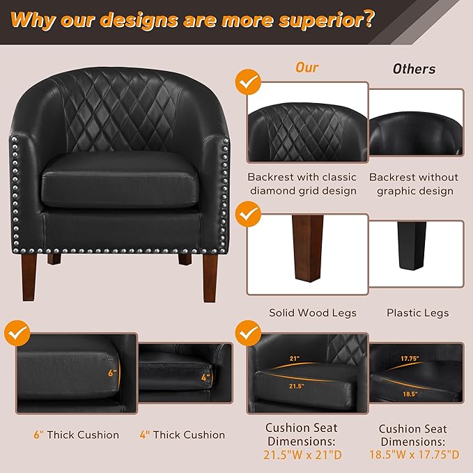 Prilinex Comfy Barrel Accent Chair Set of 8 - Faux Leather Living Room Chair Club Chair with Cushion, Diamond Grid Backrest & Nailhead Trim, Guest Chair for Office, Bedroom & Waiting Room, Black