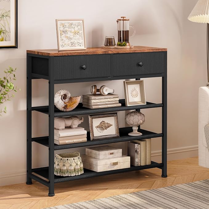 usikey Shoe Rack, 4 Tier Shoe Storage Organizer with 2 Drawers, Metal Shoe Shelf for 9-12 Pairs of Shoes, with 3 Oxford Fabric Shelves and Wooden Top, Shoe Stand for Closet Entryway, Black UNYXJX012H - Image 9