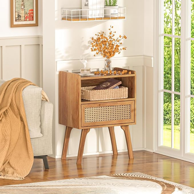 Lerliuo Rattan Nightstand, Side Table with Drawer Open Shelf, Cane Accent Bedside End Table with Solid Wood Legs, Mid Century Modern Night Stand for Bedroom, Dorm and Small Spaces (Tea Brown) - Image 7