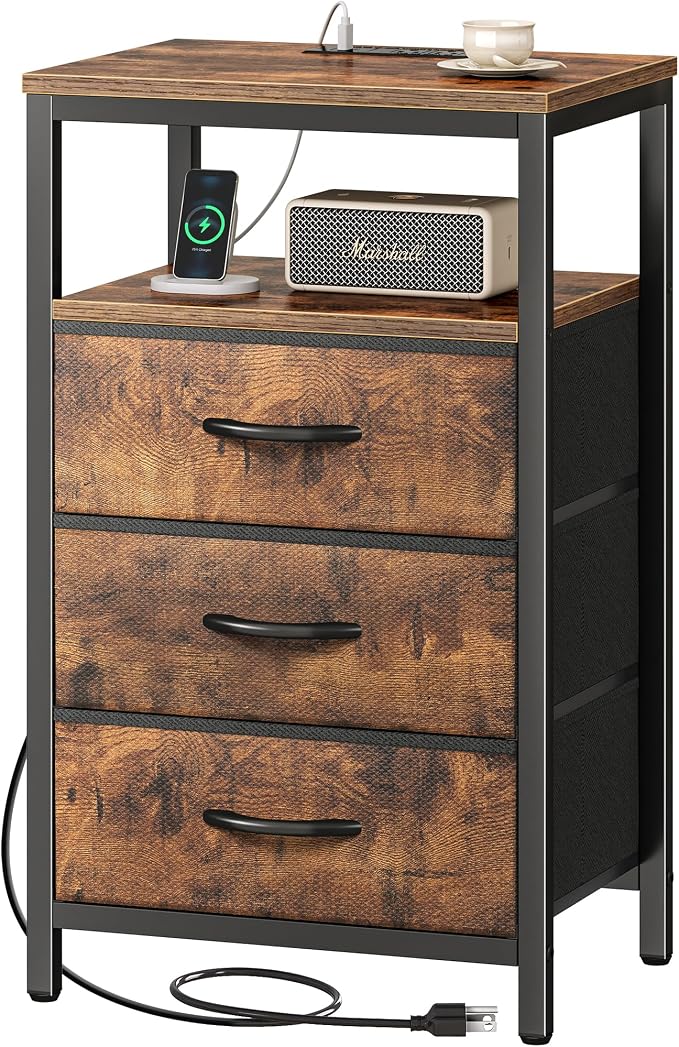 Huuger Nightstand with Charging Station, 27.6 Inch Bedside Table with Fabric Drawers, End Table with USB Ports and Outlets, Night Stand for Bedroom, Rustic Brown by Huuger