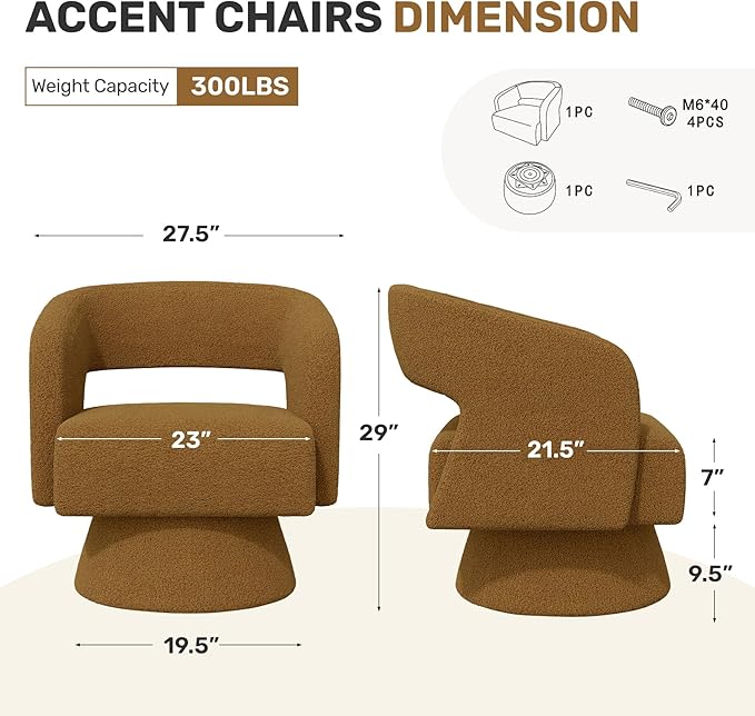 Nebuaegis Swivel Accent Chair Set of 2, Modern Comfy Teddy Barrel Chairs, Oversized Upholstered Round Arm Chair for Living Room, Bedroom, Reading Room, Brown
