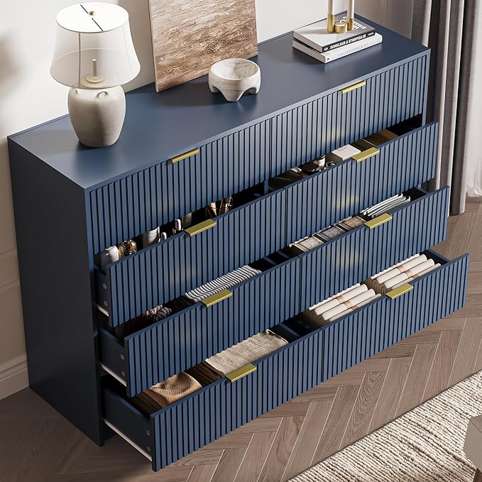 MAISONARIA 3-Piece Dresser Bedroom Set, 8 Drawer Dresser & 3 Drawer Nightstands with Gold Handles, Fluted Wood Chest of Drawers for Bedroom, Living Room, Entryway, Navy Blue