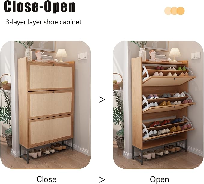 AVZEAR Narrow Shoe Storage Cabinet with 3 Flip Drawers, Freestanding Shoe Organizer Wooden Closed Shoe Rack, Slim Shoe Cabinet Storage for Entryway, Hallway, Living Room (Natural) - Image 5