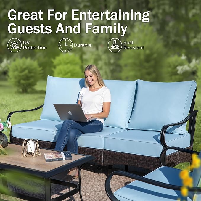Patio Furniture Set with 56" Fire Pit Table, Premium Outdoor Wicker Metal Frame Furniture with Upgraded Waterproof Thick Cushions for Porch, Poolside, Deck, and Yard （4 Pieces,Blue）