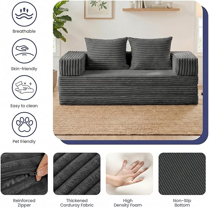 Convertible Sofa Bed, 4-in-1 Boneless Loveseat with Removable Armrests Backrest, Corduroy Futon Couch Bed with Pillow, Foldable Mattress Sleeper Sofa for Living Room Bedroom Small Place (Grey)