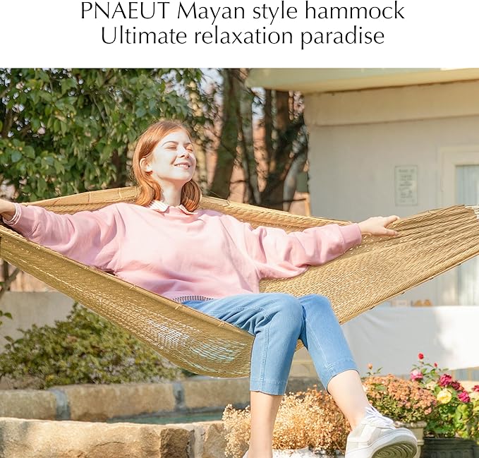 PNAEUT Handwoven Mayan Hammock, Thick Soft Rope Double Hammock for Outdoor Outside & Indoor, 600 lbs Capacity Heavy-Duty, Includes Tree Straps, Carabiners & Carrying Bag(Tan, X-Large) - Image 3