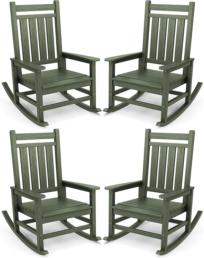 SERWALL Oversized Outdoor Rocking Chair Set of 4, HDPE Rocker for Adults, Patio Rocking Chairs for Porch, Avocado Green by SERWALL