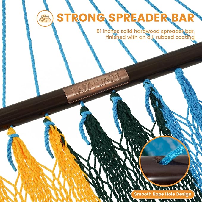 Lazy Daze Hammocks 10.5 FT Double 2 Person Caribbean Rope Hammock, Hand Woven Polyester Hammock with Spreader Bars, for Outside Outdoor Backyard Patio Poolside, 450 LBS Capacity, Rainbow - Image 5