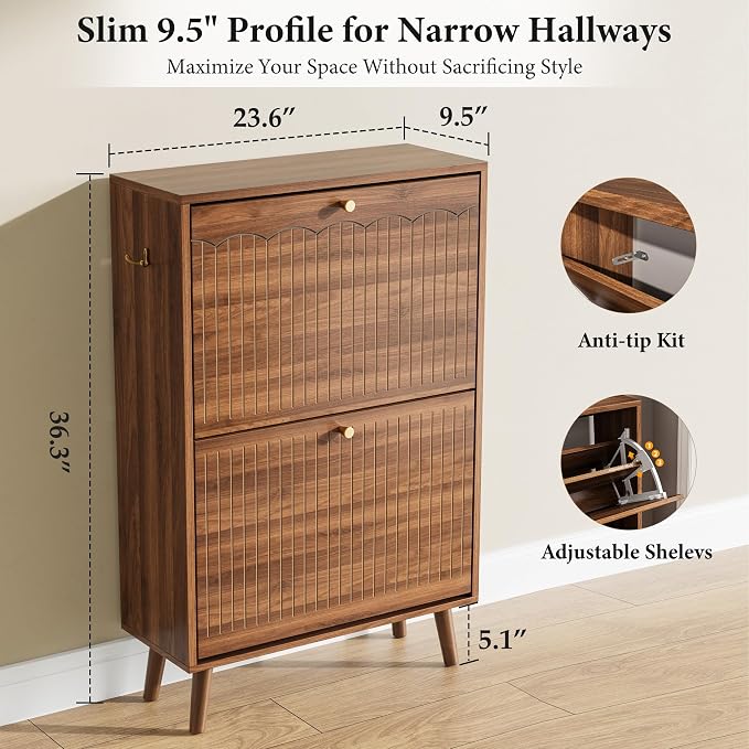 Nicetree Shoe Cabinet Storage for Entryway, 9.5" Narrow Shoe Organizer with Architectural Arched Fluted Front, Slim Shoe Rack with Adjustable Shelves,Fits Size 12 Shoes,Timeless Walnut - Image 2