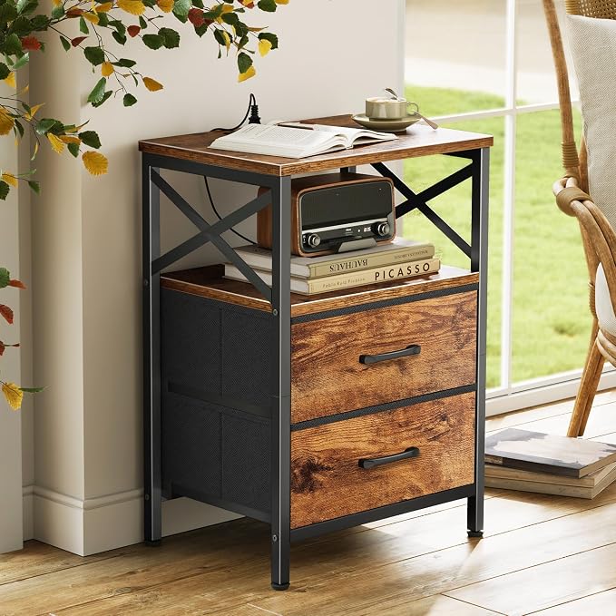Huuger Nightstands Set of 2, Night Stand with Charger Station, 2 Drawer Side Table with Open Shelf, USB-C Port, End Table for Small Spaces, X Shaped Side Rail, Rustic Brown - Image 7