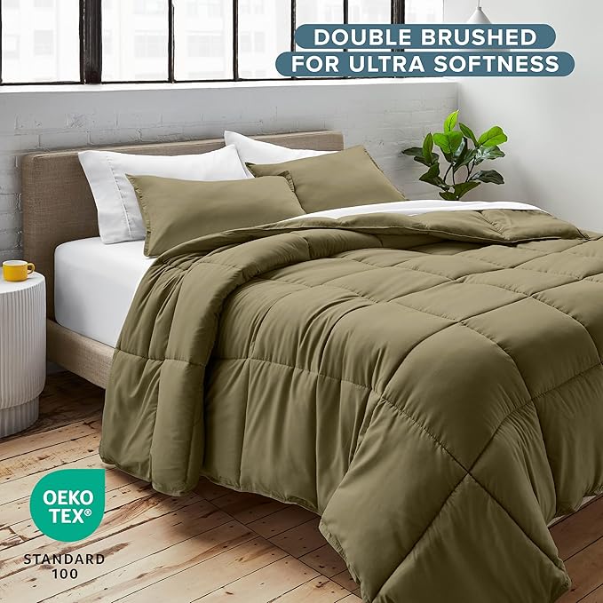 Bare Home Comforter Set - King/California King Size - Ultra-Soft - Goose Down Alternative - Premium 1800 Series - All Season Warmth (King/Cal King, Olive)