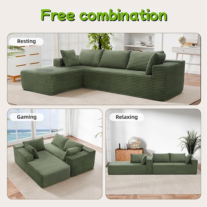 Cloud Sectional Couch, 105” Fluffy Modular L-Shape Sofa with Right Chaise Lounge, Modular Sectional Sofa in a Box, Boneless Couch for Living Room, No Assembly Required, Flannel Green