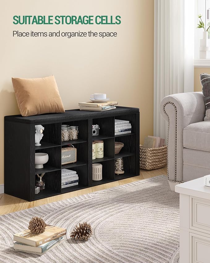 Hzuaneri Shoe Bench with Cushion, Entryway Storage Bench with 12 Cubbies, Cubby Shoe Rack with Adjustable Shelves, Shoe Organizer Cabinet for Living Room, Bedroom, Entryway, Black SB19004GY - Image 4