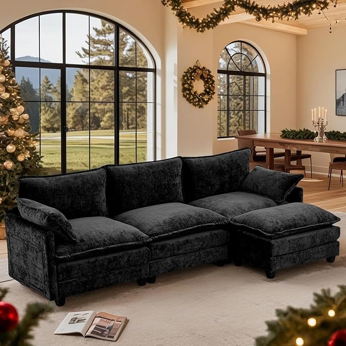 Modular Sectional Cloud Couch, 113" L Shaped Sectional Comfy Couchs for Living Room, 3 Seat Convertible Modular Sofa Couch with Ottomans for Living Room, Apartment, Black