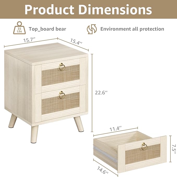 BOLUO Wood Night Stand Set 2, Small Nightstand with 2 Drawers Boho Nightstands Wooden Rattan Bedside Table for Bedroom Beige - Image 3