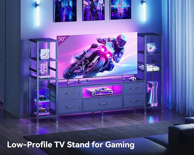 Casaottima TV Stand for 40/50/55 Inch TV, Low-Profile Entertainment Center with LED Lights & Power Outlets, TV Stand with Drawers & Open Shelves for Storage for Small Spaces/Living Room/Gaming, Black - Image 2