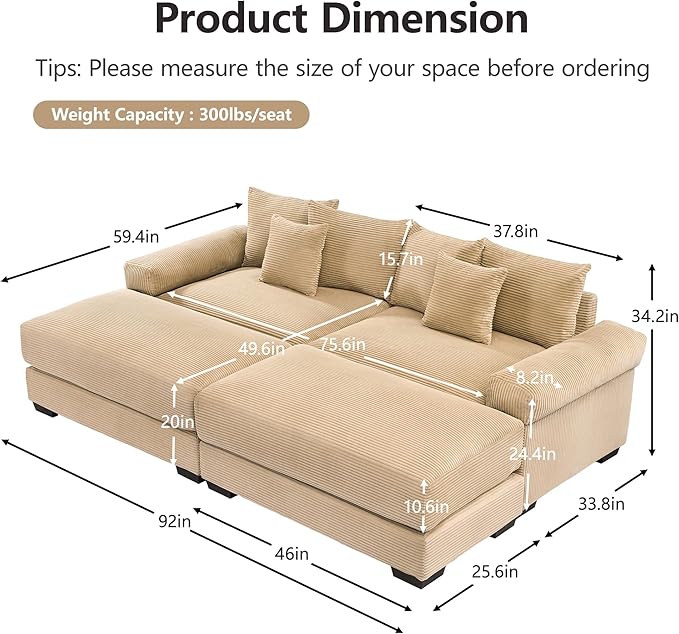 KEIKI 83" Oversized Corduroy Modular Sectional Loveseat Sofa with 2 Ottoman, High-Density Foam Cushion, Extra-Thick Armrest, Modern 2-Seater Fluffy Corner Couch with 6 Pillow, for Living Room, Camel