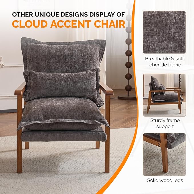 VINGLI Mid-Century Modern Cloud Accent Armchairs Set of 2 with Lumbar Pillow, 6.3'' Thick Seat Cushion Reading Chairs with Wooden Armrests, Boho Lounge Chair for Bedroom, Living Room, Chenille, Grey