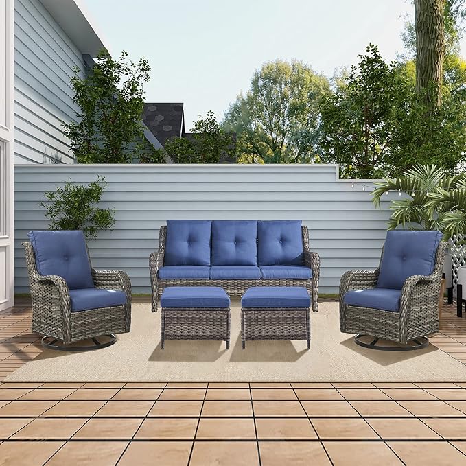 Rilyson Wicker Patio Furniture Set - 5 Piece Rattan Outdoor Sectional Conversation Sets with 2 Rocking Swivel Chairs,2 Ottomans and 1 Sofa for Porch Deck Garden(Mixed Grey/Blue)