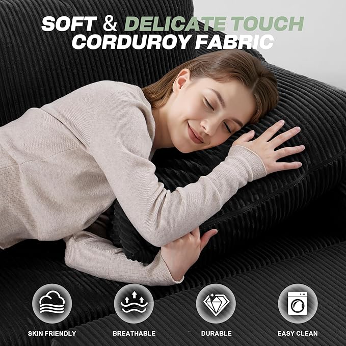 HABUTWAY 94“ U Shaped Modular Sectional Couch for Living Room, Modular Cloud Sofa with Ottoman, No Assembly Boneless Couches with Deep Seat, Corduroy Fabric (Black, Left Facing)